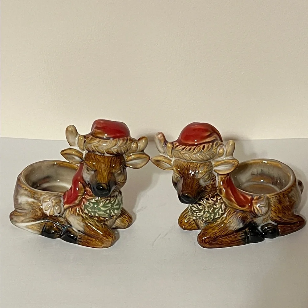 Vintage Christmas Glaze Reindeer Tea Light Holders. Left and Right. NWOT
